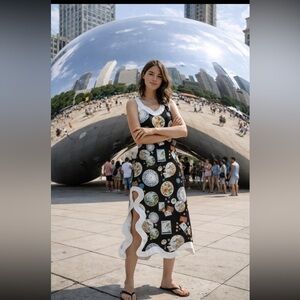 Farm Rio NWT Anthropologie Linen Sleeveless Scallop-Trim Slim Midi Dress size S.